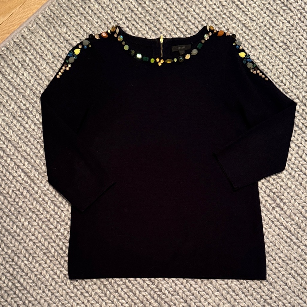 J. Crew Navy Blue Sweater with Multicolor Bejeweled Shoulder Detail